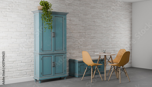 Foto Contemporary Dining Space with Accent Storage Cabinet Modern Seating White Brick