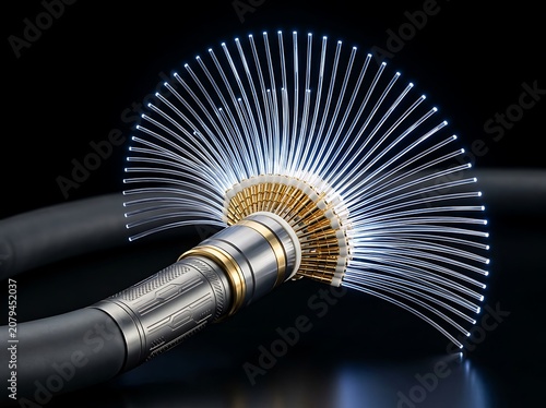 Fiber optic cable with glowing thin wires and metal connector  modern technology