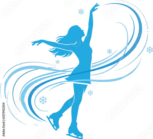Silhouette of a female figure skater in a dynamic pose with swirling lines and snowflakes skating ice athlete