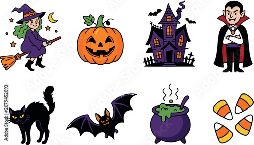 Fotografía Charming halloween illustration set witch pumpkin haunted house vampire cat bat