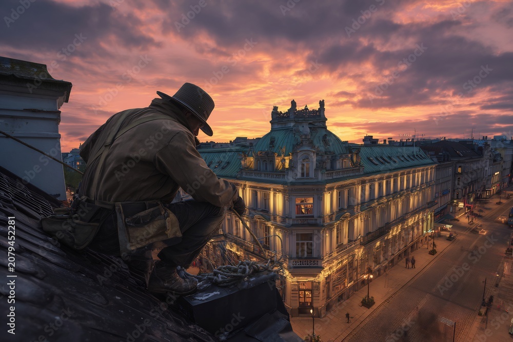 Fototapeta premium Solitary figure perched atop a city roof gazing over an ornate architectural landscape under a dramatic sunset sky with vibrant orange and purple clouds