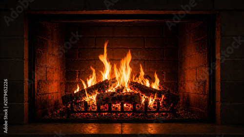 Warm Burning Fireplace in Cozy Dark Interior