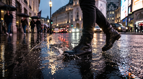 Low Angle Shot of Person Walking in Black Boots Through Rain Puddles on City Street