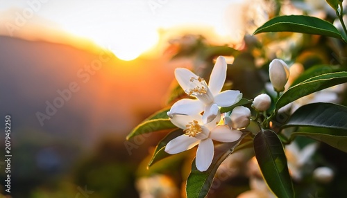 close up of blooming white neroli flowers with soft focus warm orange sunlight perfect for spa aromatherapy beauty skincare relaxation and botanical themed designs