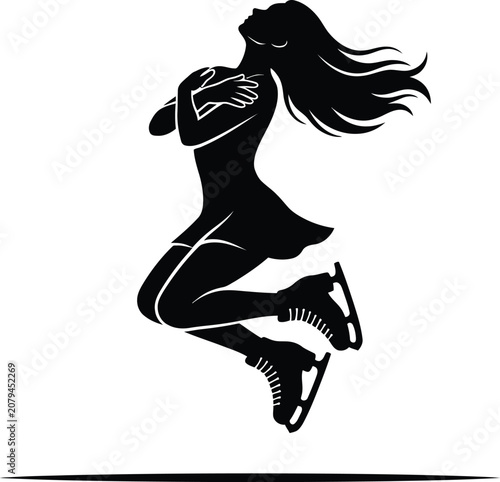 Female figure skater silhouette in mid air a black and white graphic representation of athletic movement skating ice