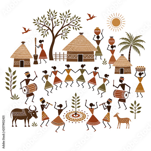  Indian Warli art village festival scene, modern minimal vector style