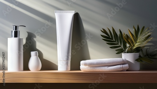 mock up of toothpaste in a plain tube on a bathroom shelf minimalist bathroom background