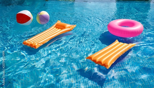 inflatables in the pool on a summer hot day background with blue pool water with swimming toys and inflatables