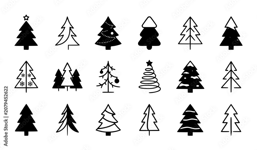 Obraz premium Modern Christmas tree icon pack with green pine and winter holiday vector symbols