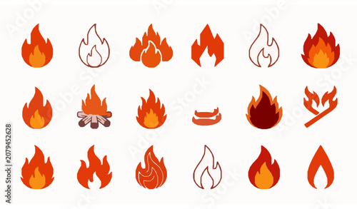 Photography Fire flame icon set with blazing red fire symbols and flammable vector designs
