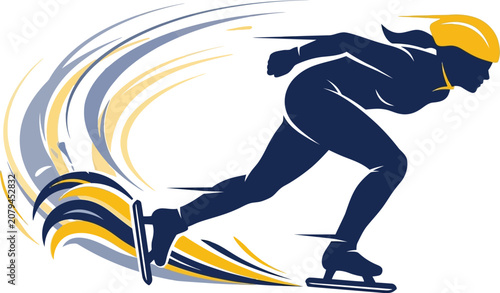 Speed skater silhouette in racing action a dynamic vector illustration with blue and gold accents skating ice athlete