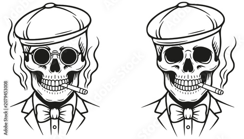 Skull wearing cap smoking cigar vintage illustration style graphics