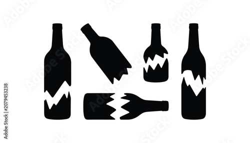 Broken glass bottle icons set black silhouette collection