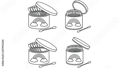 Cotton swabs box icon line art hygiene product set with sanitary
