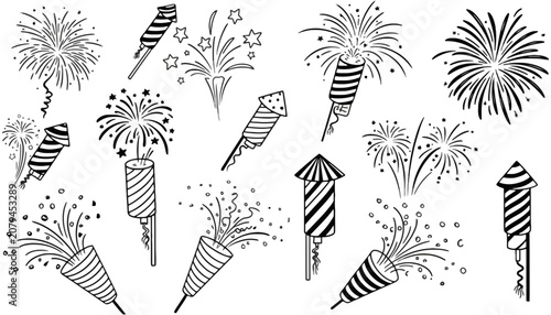 Firework display hand drawn doodle sketch collection with firework