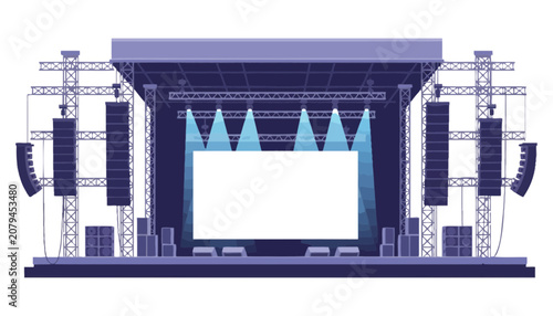 Concert stage setup with sound system and lighting equipment