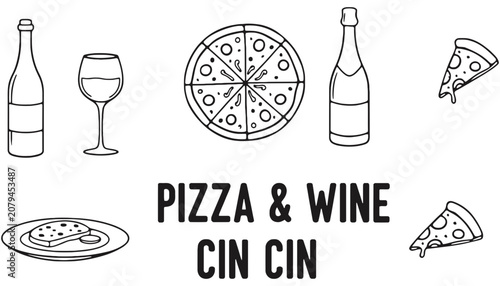 Pizza and wine graphic elements set for italian restaurant menu