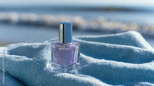A square glass nail polish bottle filled with pastel purple lacquer stands on a crumpled light blue towel on a sunny summer beach.