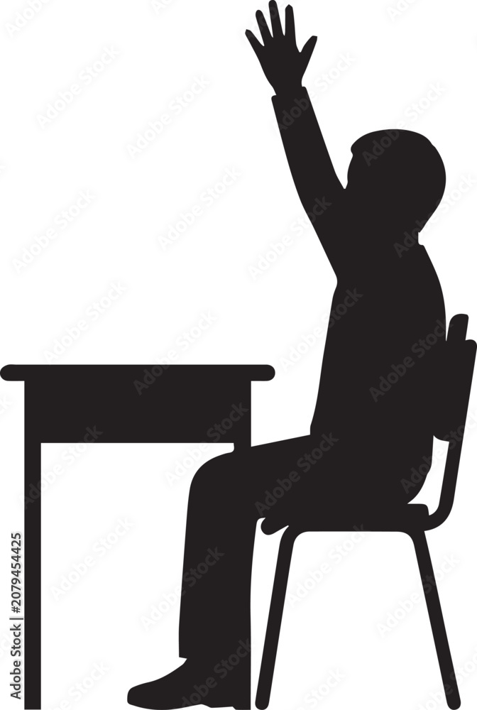 Fototapeta premium Silhouette of young girl sitting at desk raising hand in classroom, eager to answer question during lesson, school life.