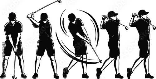 Golfer s Swing Phases Illustration Black Silhouette Depicting Different Stages Of A Golf Swing Against White golfing strokes