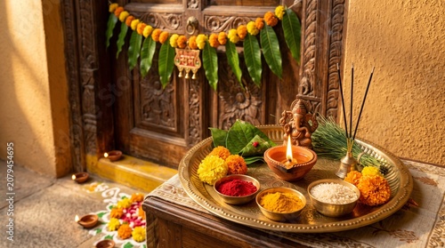 Ganesh Chaturthi puja thali, brass plate with kumkum, turmeric, rice grains, and a lit diya, background of a traditional Indian wooden door decorated with a fresh mango leaf toran garland