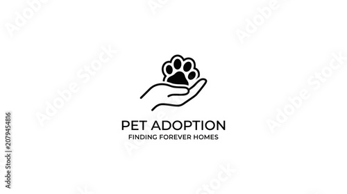 Obraz na płótnie Minimal Pet Adoption Logo with Hand Holding Paw Print and 'Finding Forever Homes