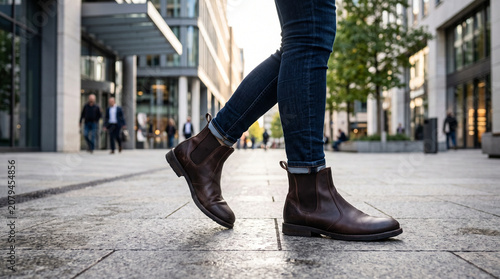 Low Angle View of Man Walking in Brown Leather Chelsea Boots on City Street