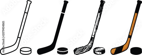 Ice hockey sticks and pucks vector illustrations with varying styles and coloration on white athletic black-and-white competition curve