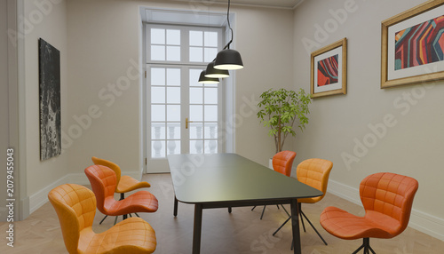 Modern Meeting Room Elegance: A stylishly designed modern meeting room, featuring a sleek rectangular table surrounded by vibrantly colored chairs, illuminated by contemporary pendant lights.