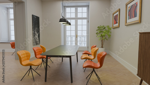 Modern Dining Room Elegance: A chic dining room setting featuring a sleek rectangular table surrounded by vibrantly colored chairs, illuminated by contemporary pendant lights.