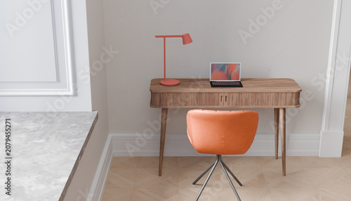 Minimalist Home Office Setup: A stylish wooden desk with a modern orange lamp and laptop sits in a bright, airy room, accompanied by a matching orange swivel chair.