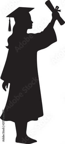 Silhouette of female graduate in cap and gown holding diploma with arm raised on transparent background.
