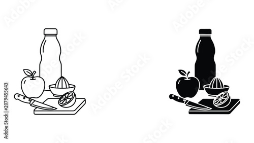 Fotografía Vector illustration of apple juice bottle with fresh apples and juicer on kitche