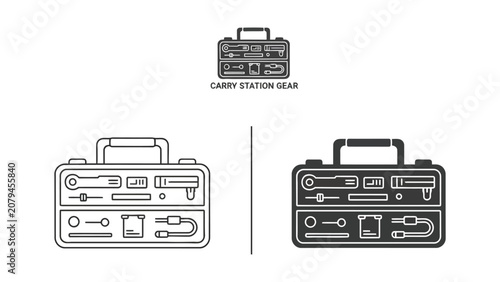 Fényképezés Vector illustration of carry-on luggage with station bear design and travel acce