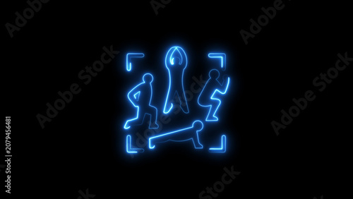 Konstfotografi Blue neon outline of people running around a large key and wrench on black backg