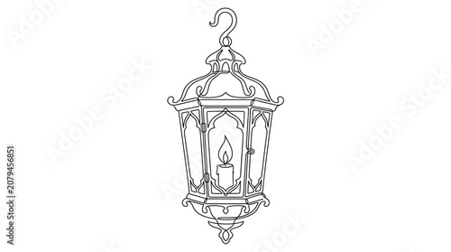 A detailed hand drawn sketch of a vintage hanging lantern with a lit candle inside.