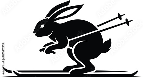 Rabbit Skiing Silhouette On White Background Depicts A Dynamic Winter Sport Scene hare lepus snow ski skis poles