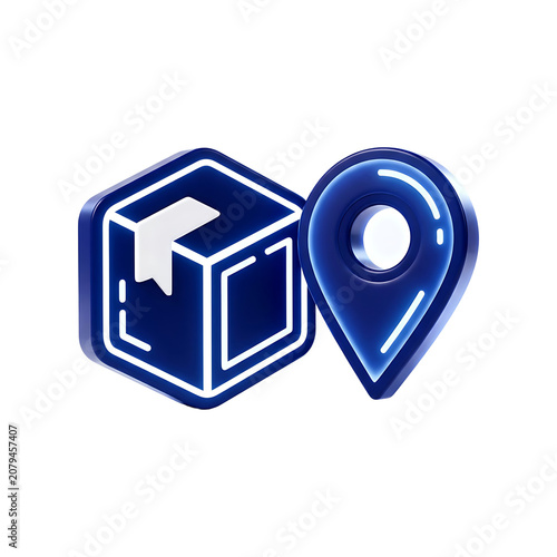 3D Blue Glossy Parcel Box with Location Pin Icon for Logistics Tracking and Delivery Services