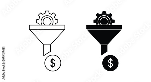 Funnel with gears and money icon set