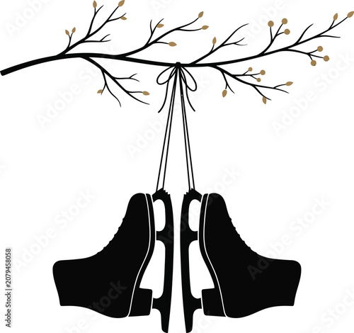 Pair of ice skates hanging from a tree branch black silhouette against a white background figure hockey winter