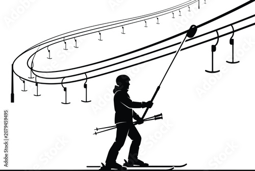 Skier Pulled By Ski Lift Silhouette Against A White Background A Winter Sports Illustration skiing chairlift snow alpine