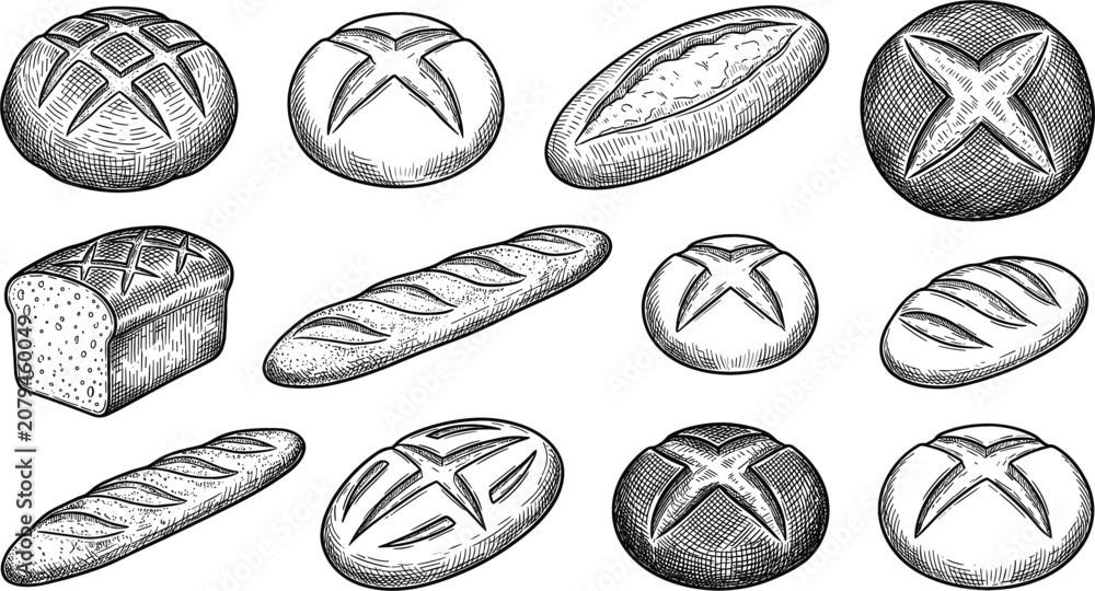 Fototapeta premium Vintage Bakery Bread Vector Sketch Set with Fresh Sourdough Loaves, Baguettes, Rye Bread, and Round Buns for Cafe Menu and Packaging Designs
