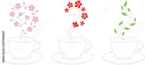 Tableau sur toile Tea Cup with Floral Leaf and Blossom Steam Vector Illustration Set for Kitchen T