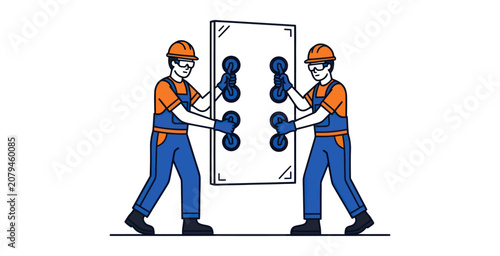 Photos Construction Workers Installing Glass Panel Vector Illustration