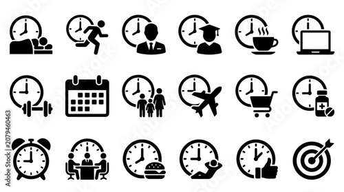 Canvastavla Professional time management and daily activity icon set showcasing silhouettes