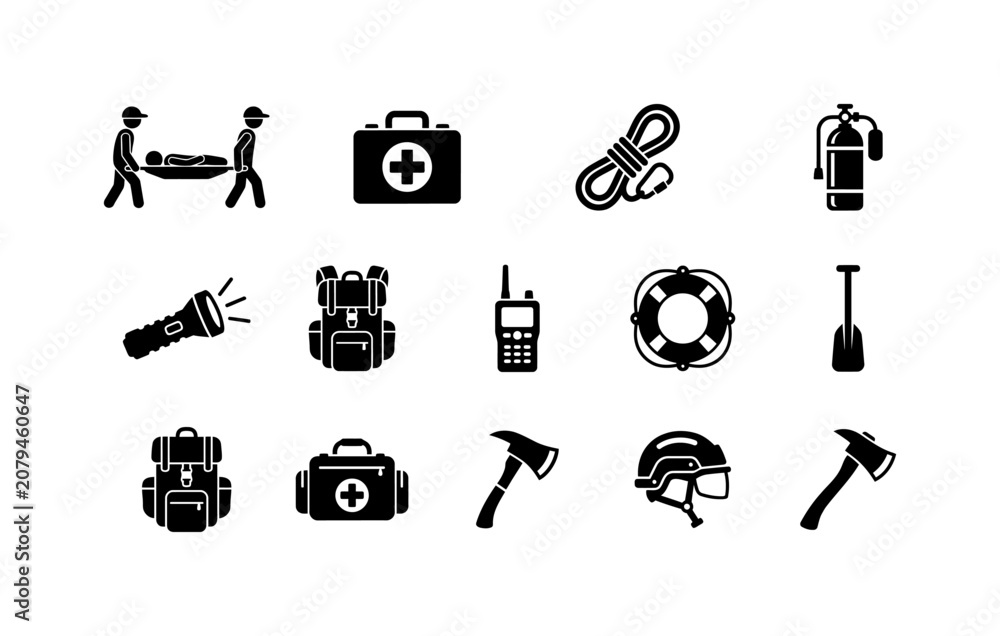 Fototapeta premium Emergency rescue tools and equipment icons set, first aid kit, stretcher, rope, oxygen tank, flashlight, backpack, walkie talkie, lifebuoy, shovel, axe, helmet.