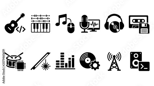 Photography Comprehensive collection of music and coding icons featuring guitars, keyboards, audio waves, sound systems, and programming syntax symbols for creative digital media and software development