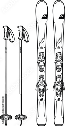 Skis and ski poles line art illustration featuring detailed bindings and ergonomic grips on a white background alpine