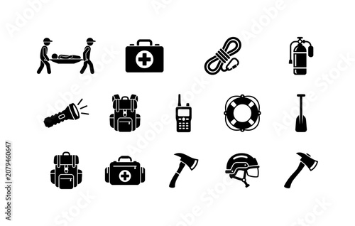 Obraz na plátně Emergency rescue tools and equipment icons set, first aid kit, stretcher, rope, oxygen tank, flashlight, backpack, walkie talkie, lifebuoy, shovel, axe, helmet