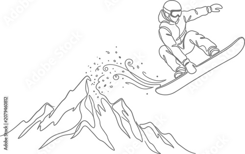 Snowboarder jumping above a mountain range a continuous line drawing illustration snowboarding snowboard mountains winter sports extreme art